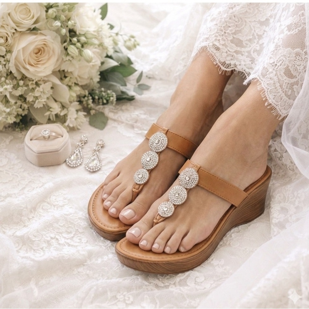 Italian Sandals Metallic Bling Wedge Heel Made In Italy Tan Brown Size 8.5